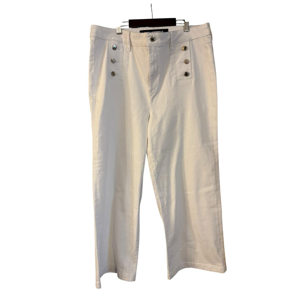 Karl Lagerfeld Paris Women’s Wide Leg Sailor Jeans White Embellished Button 14